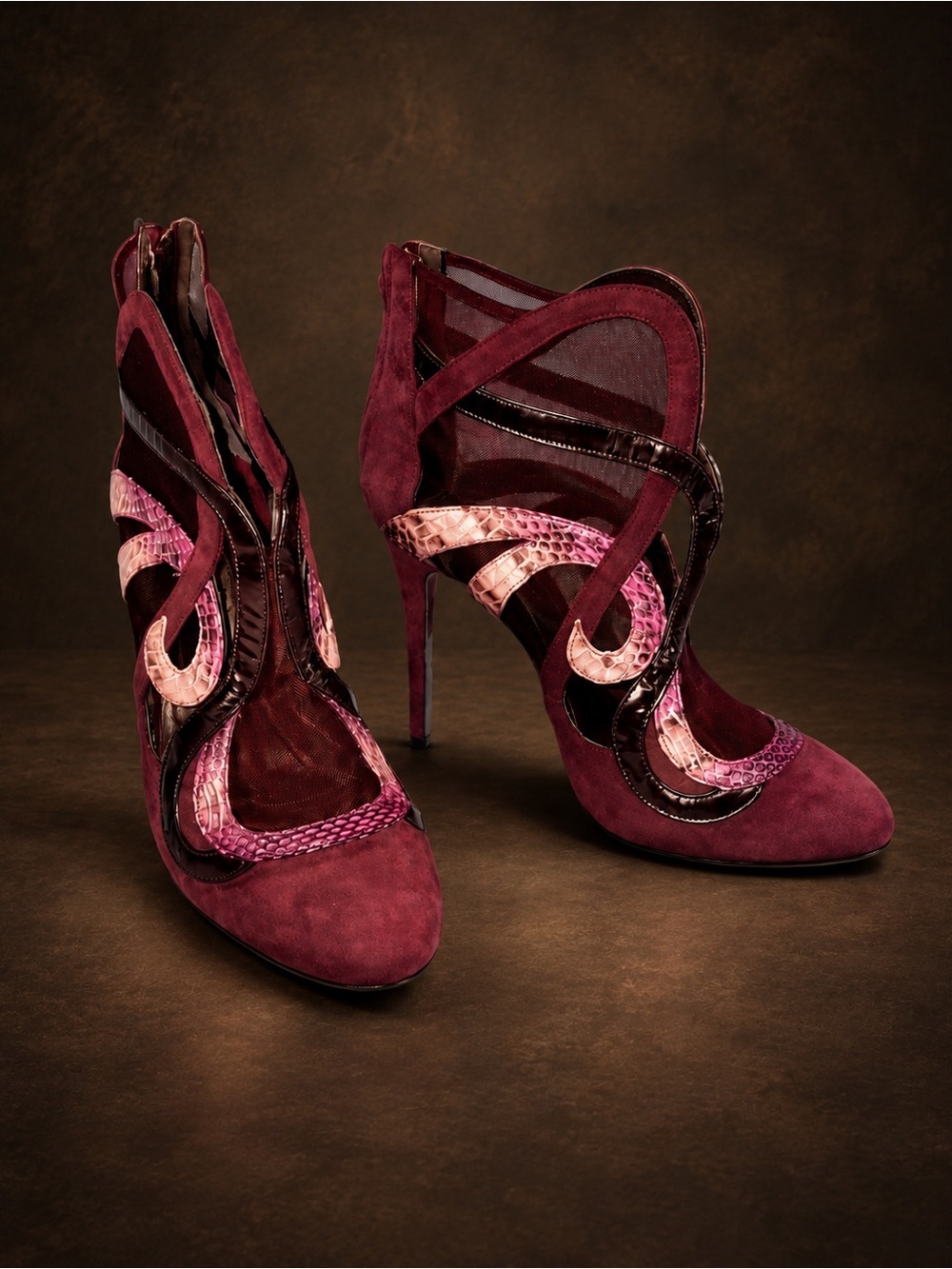 Roberto Cavalli Burgundy and Pink Suede & Snakeskin Heeled Boots